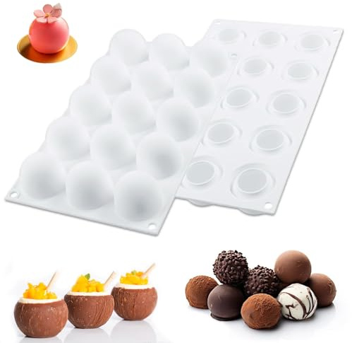 Honicemar Lot de 2 Moules Silicone Sphere, Antiadhésifs en Moules à Chocolat de Sphères Boule Balle 15 Cavités pour Chocolats Gelées Glaces Mousse de Dôme et Décoration de Gâteau