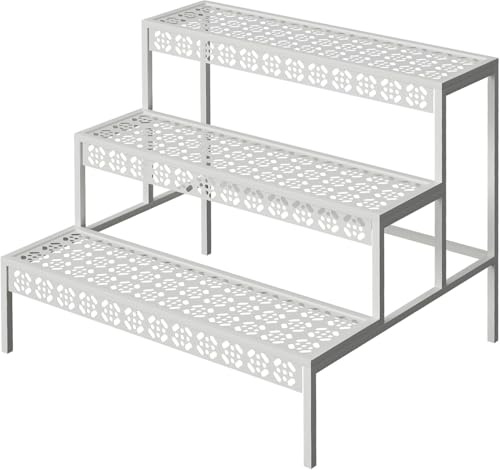 Huhote 3 Stufen Metall Blumentreppe, Pflanzentreppe Blumenbank, Pflanzenregal Blumenregal, Pflanzenständer für Garten Balkon Indoor Outdoor, Multifunktionales Blumenregal mit Großer Kapazität, Weiß
