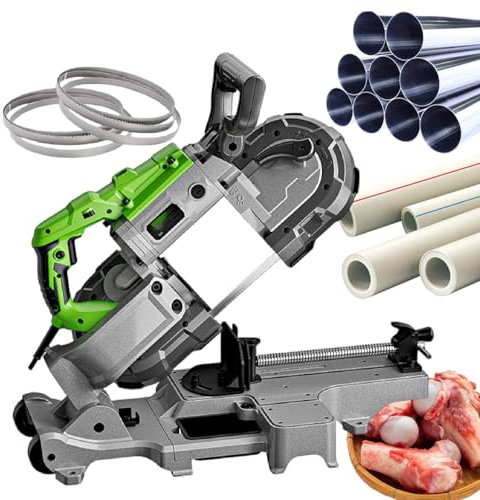 pedenencelia Sega A Nastro per Metallo,Sega A Nastro per Taglio A Freddo Metallo,Angolo Taglio Regolabile A 45°,Diametro di Taglio di 4,72 Pollici,con 1 Guanto E 6 Lame per Seghe,Withbase