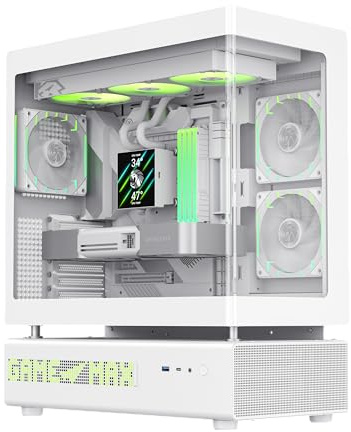 GAMEMAX N90 WH Case PC ATX, Design a Doppia Camera Modulare, Schermo a Matrice 512 LED, Vetro Temperato Curvo 270°, 6 Ventilatori ARGB PWM Preinstallati, Supporto Scheda Madre BTF, Bianco