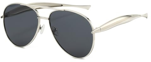 Long Keeper Gafas de Sol Piloto Mujer Hombre Retro Gafas de Sol Grandes Metalicas Oro con Doble Puente Años 70 Oversize Gafas de Piloto Vintage UV400 (Montura Plateada - Lentes Gris Oscuro)
