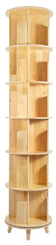 Freestanding Rotating Bookshelf,Wooden Book 6 Tier Storage Display Holder Stand,360° Rotating Floor Standing Shelf,Free Assembly,Four 3.93-inch Beech Wood Feet,for Corridors,Balconies,Living rooms