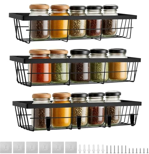 3 Pièces Etagere a Epices Murale, Rangement Epices Cuisine, Porte Epices Cuisine, Etagere a Epices, Comprend Quatre Crochets Amovibles, Méthodes d'Installation Auto-Adhésives et à Fixation par Vis
