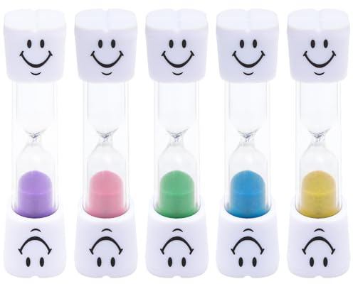 VOSSOT 5 Stück Sanduhr 3 Minuten, Präzise Zahnputzuhr Teeuhr Sanduhren Set Zähneputzen Timer, Sanduhr Timerfür Bad, Küche, Büro und Reise, Stoßfest Wiederverwendbar(Blau, Lila, Rosa, Grün, Gelb)