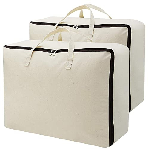 KingSaid Bolsa de Almacenamiento Grande de Lona Transpirable, 2 Unidades, con Cremallera Reforzada y Asas Resistentes, Organizador para Edredones, Mantas, Ropa y Armarios, Antipolvoy Resistente