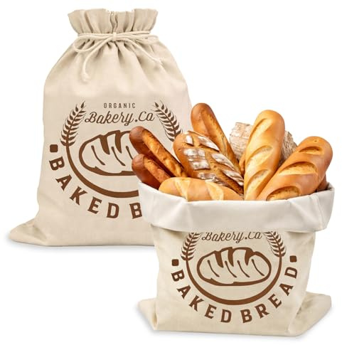 kelav 2 Pezzi Sacchetto Pane in Cotone con Interno TPU 45x35cm, Borse Riutilizzabili per Conservazione Freschezza, Design con Cordino per Prodotti da Forno e Alimenti