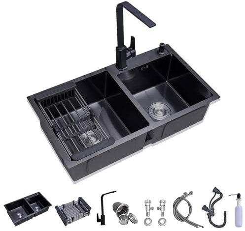 Lavello da cucina a doppia vasca, in acciaio inox, con vassoio di scarico, realizzato a mano, per ristoranti e cucine domestiche, facile da pulire, design salvaspazio