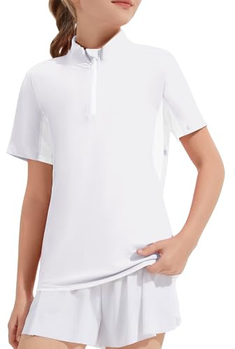 Hvididan Girls Short Sleeve Quick Dry Shirt Horse Riding Quarter Zip Equestrian T-Shirt for Girls Kids Activewear White Size 5-6