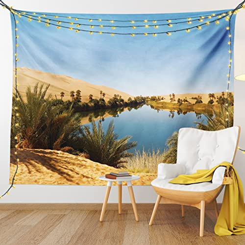 Ambesonne Desert Tapestry, Idyllic Oasis Awbari Sand Sea Sahara Libya Pond Arid Country, Fabric Wall Hanging Decor for Bedroom Living Room Dorm, 23 X 28, Sand Brown Pale Blue