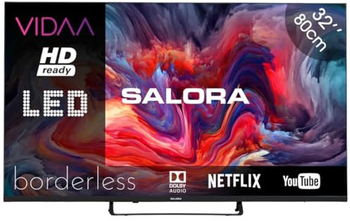 SALORA FOD32HV – Smart TV 32 Pollici – VIDAA, HD Ready (1366×768), LED Senza Bordi– Dolby Audio, 3× HDMI, Lettore Multimediale USB, Uscita Ottica, Ethernet –TV compatta per soggiorno