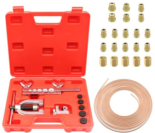 Bremsleitung Bördelgerät, Werkzeugsatz zum Aufweiten von Bördelgerät Bremsleitungen, 7,62m Ø 4,75mm Bremsleitung mit 16 Anschlüssen+5 Verbinder, Ideal Für Hydraulische Kfz-Bremssysteme