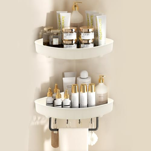 ADERTOS Duschablage Ohne Bohren Ecke Selbstklebende Duschregal Plastik Duschablage Ecke Regal für Dusche Weiss Eck Badezimmer Eckregal mit 4 Haken und 1 Stange für Bad Küche Toilette Shampoo Seifen