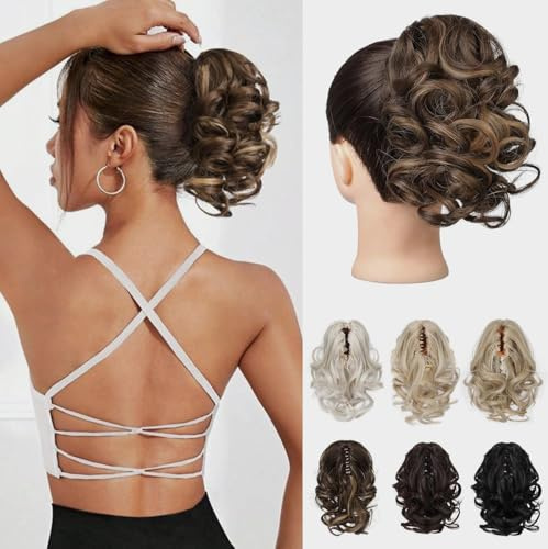 REECHO Ponytail Extension, 9 Claw Clip in Short Curly Wavy Pony Hair Extension Jaw Clip on Pony Tail HP001 Hairpiece for Women - Chestnut Brown with Golden Highlights