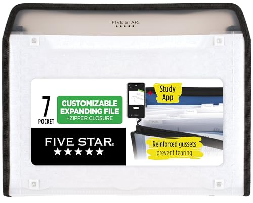 Five Star Expanding File Organizer + Study App, 7-Pocket Accordian File Organizer, Zipper Closure, Holds 8-1/2 x 11 Paper, White (350099E-ECM)