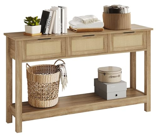 Luoxiao Rattan Console Table Boho Entryway Table with 3 Drawers Storage, Narrow Long Behind Couch Sofa Table for Living Room Side Table Entry Way Table Entrance Hallway Foyer, Natural, 47 Inch