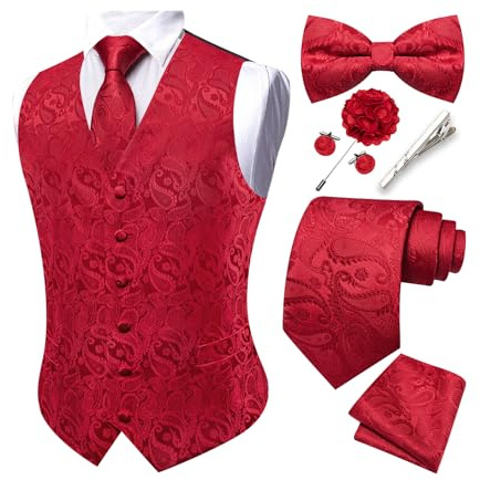 Barry.Wang Ensemble de gilet pour homme Motif cachemire Costume formel Gilets Nœud papillon et cravate Ensemble de mouchoirs de poche en jacquard Bouton de manchette Épingle à cravate Mariage 8PCS
