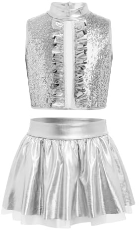 Niña Trajes Disco Jazz Brillantes De Baile De Dos Piezas para Niñas Plata 13-14 años