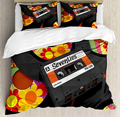 Ambesonne 70s Party Duvet Cover Set, Compact Cassette Player and Some Vinyl Records with Seventies Text Oldschool, Decorative 3 Piece Bedding Set with 2 Pillow Shams, Queen Size, Multicolor