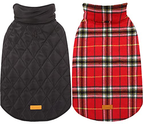 Kuoser Reversible Warm Dog Coat - Waterproof Winter Jacket, British Style Plaid Pattern Cold Weather Clothing, Comfortable Snow Vest for Small Medium Dogs