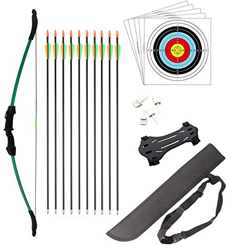 HANSPY Pfeil und Bogen Set für Junior Jagd Anfänger Bogen Recurve Bogenschießen Langbogen Outdoor Kit 15LB für Kinder Teenager 10 Pfeilen 5 Zielgesichter 4 Zielstifte 1 Armschutz 1 Kinderköcher(Grün)