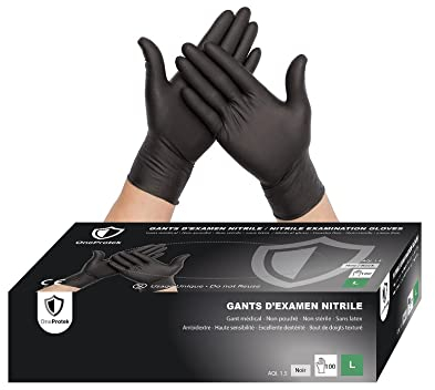 OneProtek Gants jetables noir en nitrile - Lot de 2x Boîtes de 100 Gants Nitrile - Taille L (Grande) - Sans latex - Résistants et Multi-usages - Protection contre les produits chimiques