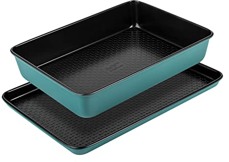 Prestige x Nadiya Non Stick Baking Trays Set of 2 - Deep Roasting Tin 33 x 23cm & Large Oven Tray 38 x 25cm, Fridge, Freezer & Dishwasher Safe Steel Bakeware, Blue/Black