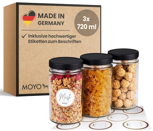 MOYO Vorratsgläser mit Deckel I 3er Set á 720ml I hochwertige Frischhaltedosen Glas I luftdichte Aufbewahrungsbox Küche I Vorratsdosen Set mit Etiketten I Vorratsdosen Glas mit Deckel in schwarz