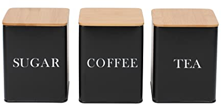 Ehc Tea, Coffee, Sugar, Canister Set, Storage Canister Set - Easy to Open Airtight Lids - Storage Tea, Sugar, & Coffee - Set of 3 Canisters, Black