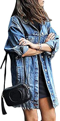tinbarry Veste en jean femme long petit ami vintage veste de transition surdimensionnée veste en jean long manteau en jean court détruit manteau découpé vestes en jean