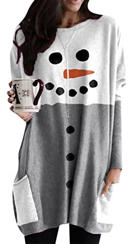 OMZIN Otoño Cuello Redondo Más Tamaño Suéter Suelto Manga Larga Pullover Suéter Damas Tops con Bolsillos Gris Muñeco De Nieve 3XL