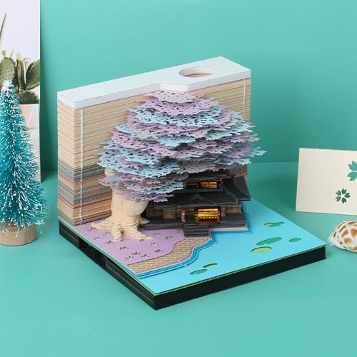 Abreißkalender 2024, Notizblock, 3D-Kalender 2024, Notizblock mit Lichtern, abreißbarer Notizblock, Papierschnitzerei, Baumhauskunst, Haftnotizen, Schreibtischkalender, Ornament, 8,5 x 8,5 x 7 cm, Ros
