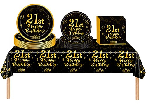 53Pcs Black Gold 21st Happy Birthday Party Tableware Decorations for Him Plastic Table Cloth,7,9inch Paper Plates,Napkins for Men Birthday Table Party Tableware Set for Men Adults Birthday Party