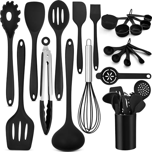 HaWare Utensili da cucina, set di 21 utensili da cucina in silicone, resistenti al calore, pentole con porta utensili, set da cucina antiaderente per cucinare, lavabile in lavastoviglie, colore nero