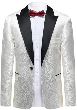 Allthemen Hombre Blazer Casual con Paisley Jacquard Chaqueta de Traje 1 botón Color Liso Regular Negocios Boda, Blanco, M