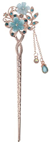 Ipetboom Pince à Cheveux Japonaise et Chinoise - Décoration Vintage avec Fleur - Pince et à Cheveux pour Femmes Épingle à Lisse de Accessoire Élégant Bleu pour Chignons Raffinés avec Fleurs