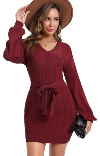 KOJOOIN Robe tricotée pour Femme, col en V, Manches Longues, Tricot torsadé, Automne Hiver, Robe Pull en Grosse Maille, Mini Robe avec Ceinture Vin Rouge XL