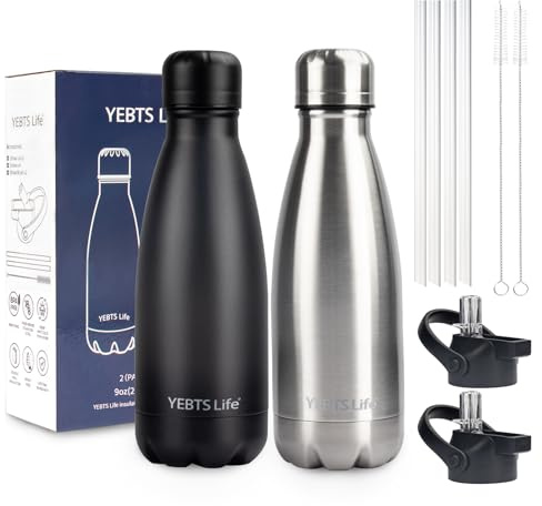 Insulated Water Bottle,2 Pack-9oz Stainless Steel Water Bottles with straw lid,Metal Sports Thermos Water Bottles for Boys,Girls,Double Wall Vacuum BPA-Free Flask for Sports (Black-Sliver)