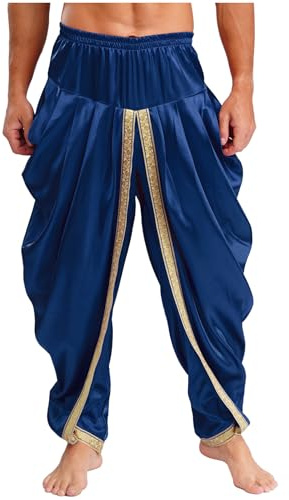 YEAHDOR Costume da Uomo Arabo Oriente Sultano Sceicco Olio Principe Pantaoni Lunghi in Raso Pantaloni alla Zuava Indiano Harem Pants Blu Scuro L