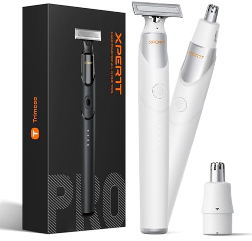 Trimcoo 2 in 1 Electric Body & Nose Hair Trimmer - Painless Beard Razor for Men, All-in-One Groomer with Magnetic Nose Hair Head, Waterproof Wet/Dry Groin/Ball Shaver,USB-C Fast Charging,White(Solo)