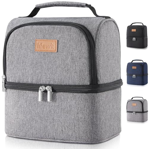 Lifewit Double Compartment Cooler Bag for Men Women, Insulated Water Resistant Waterproof Bento Box, Thermal Lunch Box for Work, School and Picnic, 7L, Grey