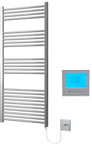 Greened House Chrome Electric Heated Towel Rail 600mm W x 1400mm H + Timer