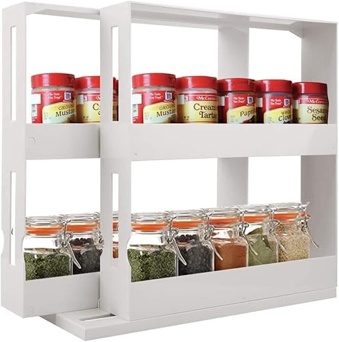 Voarge Estante de especias multifunción de Plástico, 2 niveles, apto para hasta 20 botes de especias, bandeja de cocina extraíble
