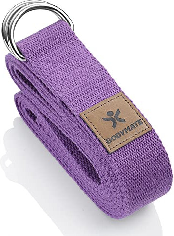 BODYMATE Yogagurt mit Verschluss aus Metall, Yoga-Band für Anfänger und Fortgeschrittene, Yoga-Schlaufe aus 100% Baumwolle, Yoga-Strap 250cm lang und 3,8 cm breit, Purple