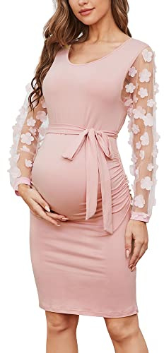 Floral Mesh Bishop Long Sleeve Maternity Midi Dress, Fall Maternity Bodycon Dress for Baby Shower Pink