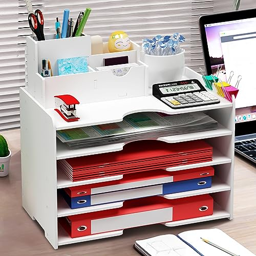 Cinnani Schreibtisch Organizer, 5 Ablagefächer Schubladenbox,plus einen Stifthalter， A4-Papierhalter Dokumentenablage, Briefablage, Ablage Schreibtisch für Büro, Zuhause, Schule