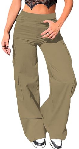 Nuofengkudu Womens Wide Leg Cargo Pants Y2K Stretch Multi Pockets Utility Bootcut Elasticated High Waisted Flared Bootleg Loose Fit Pull on Work Pants Gothic Bottoms Streetwear Casual Khaki M