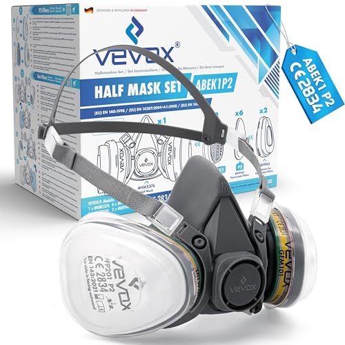 VEVOX® Masque respiratoire avec filtre ABEK1P2 – Protège contre gaz, vapeurs et particules fines de poussière – Pour peinture, ponçage et travaux – Avec 6 filtres P2 antiparticules et 2 ABEK1 anti-gaz