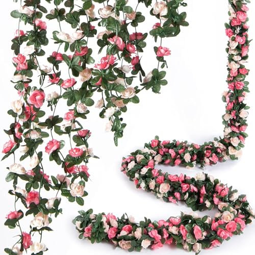 Blumengirlande Hochzeit, 4 Stück Künstliche Rosen Girlande 15.8FT Seidenblumen Rosengirlande Hängend Rebe für Hochzeitsbogen Party Garten Mauer Dekor (Frühlingsrosa)