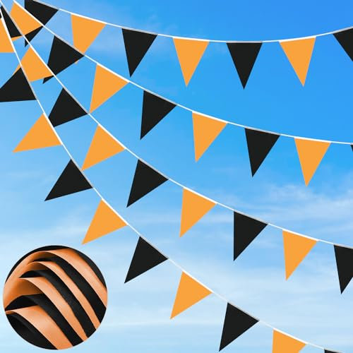 Lot de 52 fanions réutilisables pour intérieur et extérieur, anniversaire, fête prénatale, fête de mariage, jardin, décoration d'intérieur - 20 m - Noir et orange