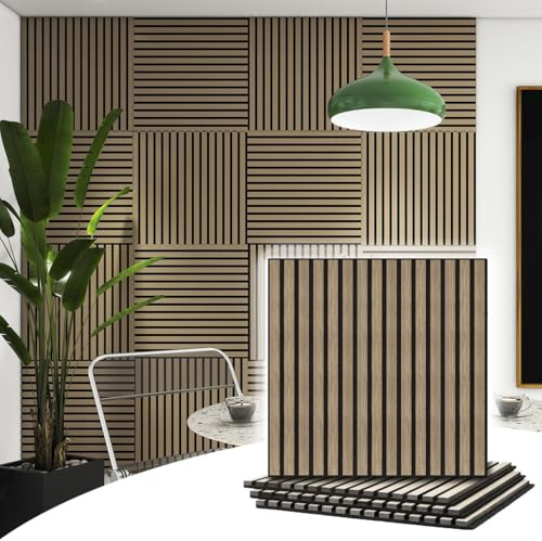 TRAIN2 ART 4 Pcs Wood Slat Acoustic Panels, 3D Fluted Wood Panel Sound Absorbing Panel for Wall and Ceiling, Decorative Sound Proof Panels (Walnut, 4pcs - 23.6 X 23.6 in)